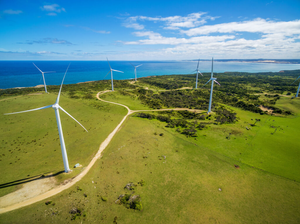 Aerial,view,of,wind,farm,in,rural,area,on,bright